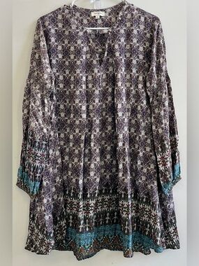 Umgee Geometric Floral Paisley Mixed Print Boho  Babydoll Tunic Long Sleeves Top
